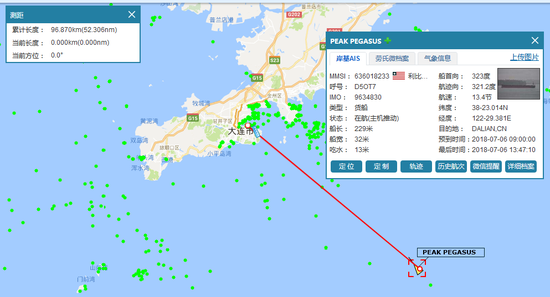 截止下午13:37分 載滿大豆的小船距離大連還有100公里